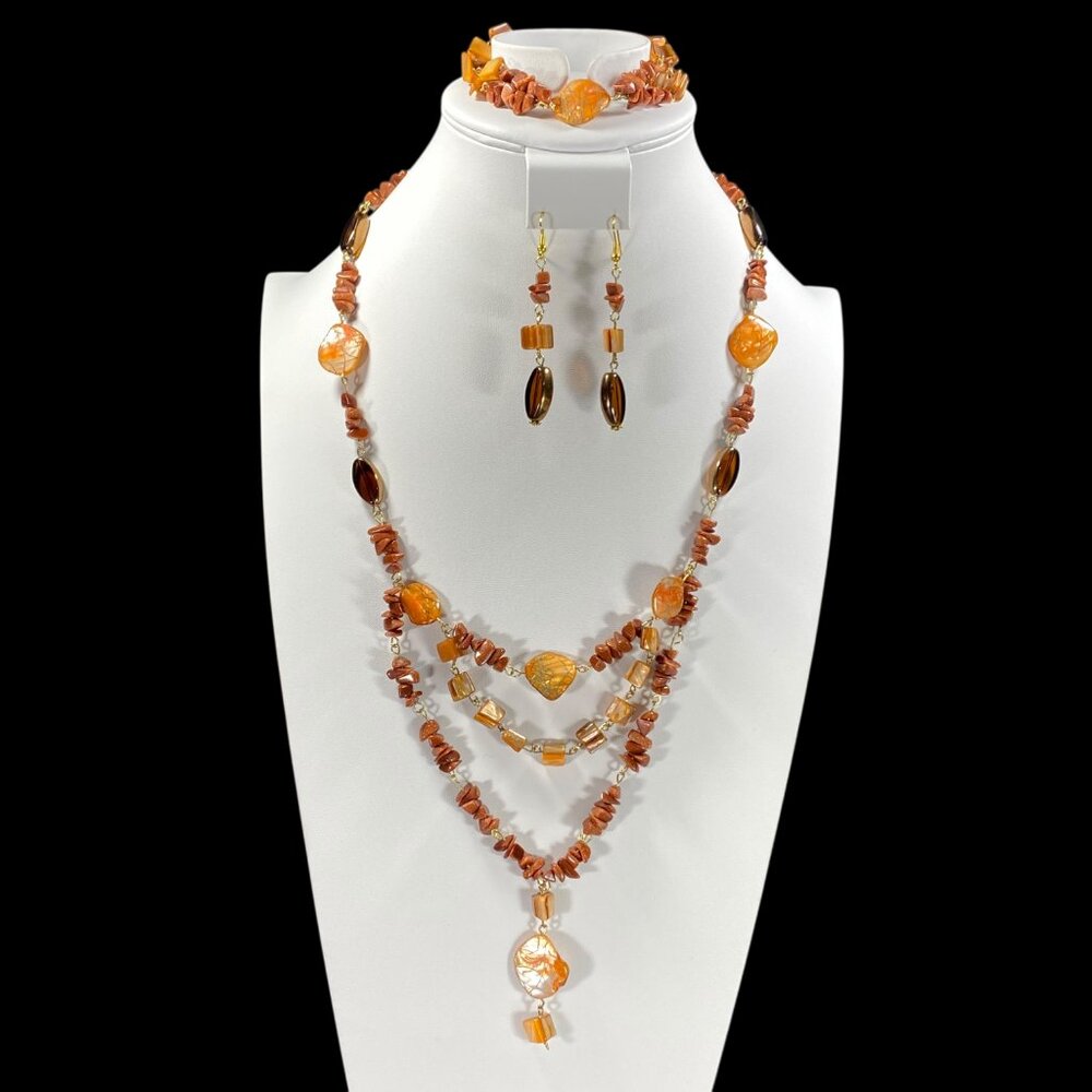 3pc Set Gemstone Chip Stone Shell 27" Pendant Nec… - image 1